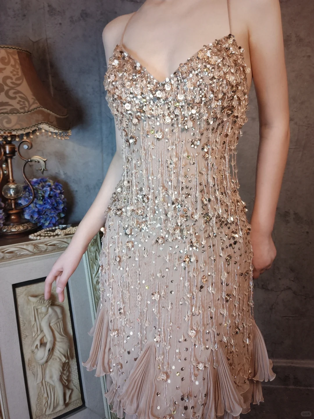 Vintage Champagne Spaghetti Strap V-neck Sparkling Beaded Design Elegant Chiffon Evening Dress Prom Dress TP4032