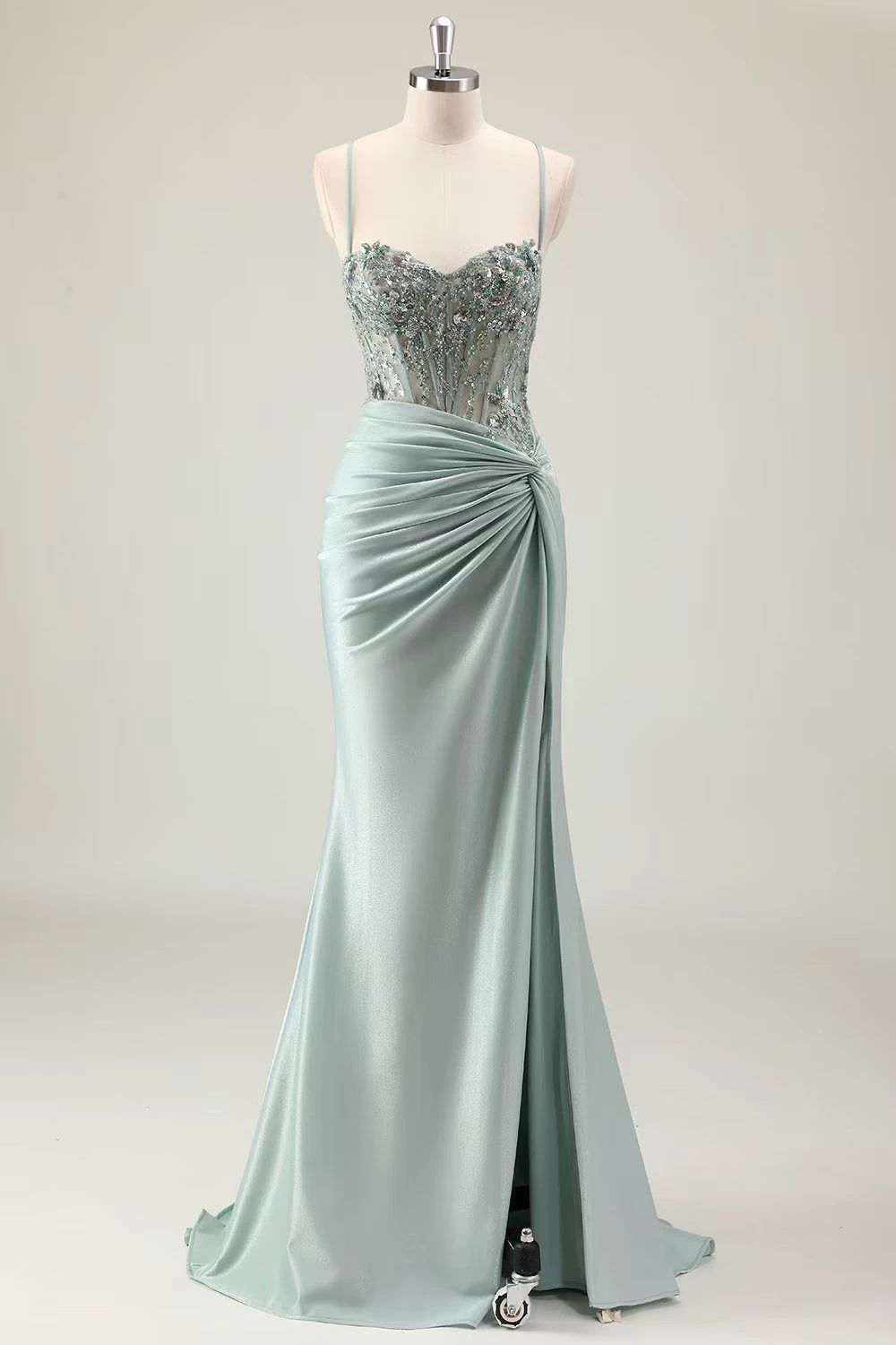 Gorgeous Spaghetti Straps Beaded Lace Mermaid Prom Dress Satin Ruched High Slit Evening Gown TP5755