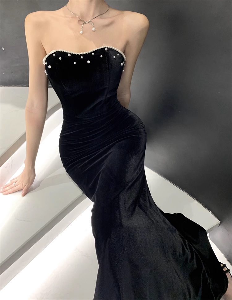 New Simple Design Black A-Line Elegant Women Strapless Dress TP3149