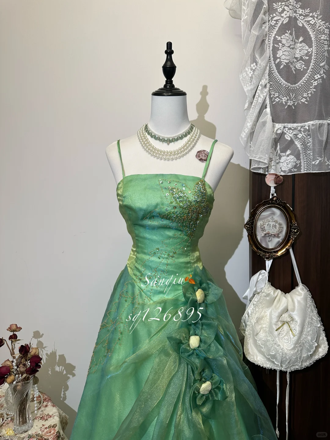 Vintage Green A-Line Beaded Spaghetti Strap Evening Dress A-Line 3D Flowers Long Prom Dress TP4991
