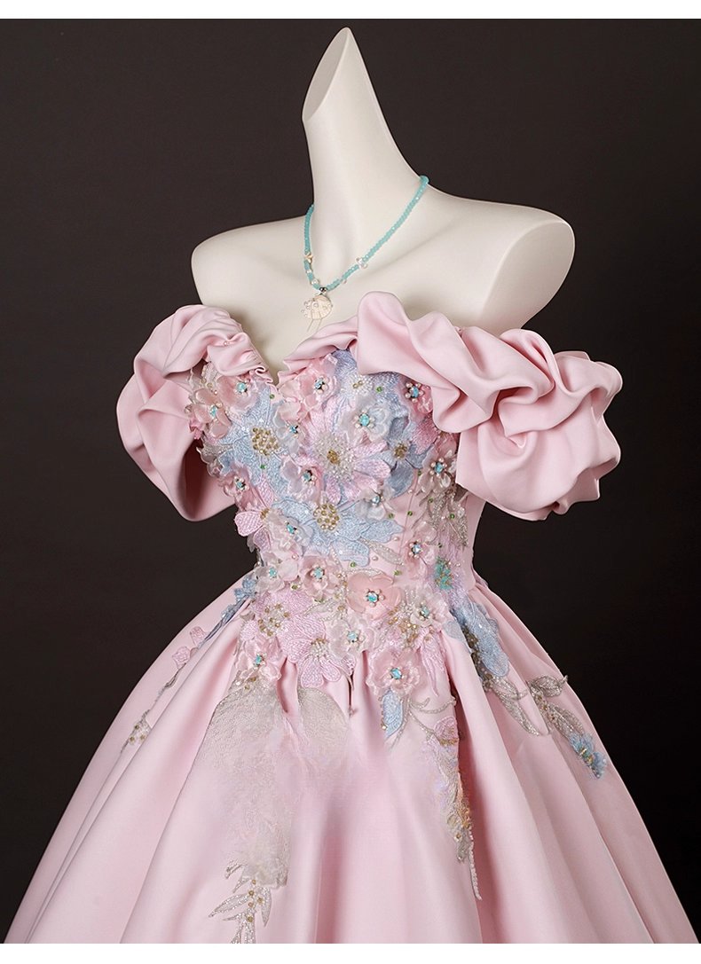 Elegant Pink Satin Applique Sweet 16 Quinceanera A-Line Off-the-shoulder Evening Dress Long Ball Gown TP4936