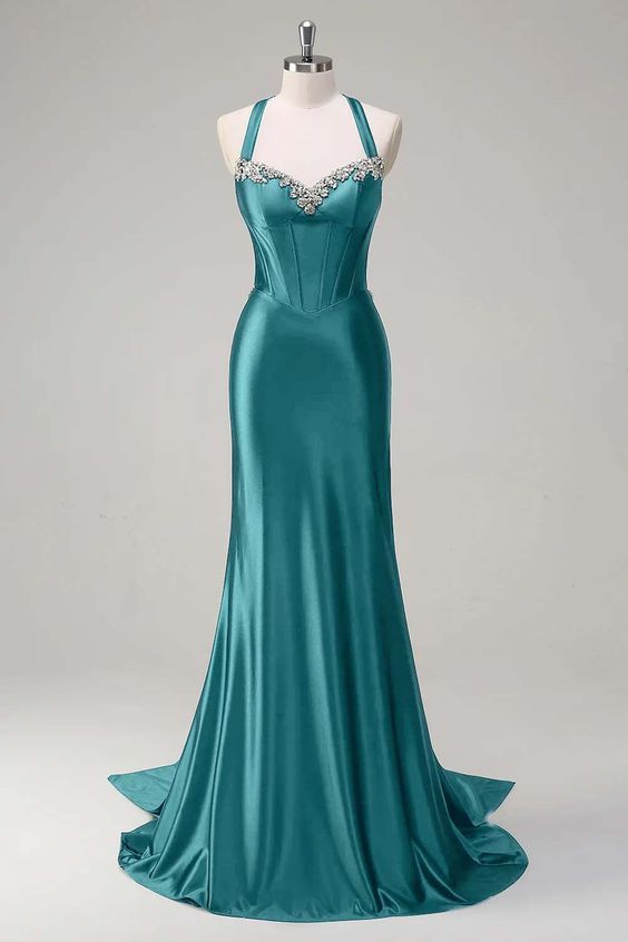 Vintage Satin Beaded Evening Gown Sheath Sweetheart Party Dress Long Formal Dress TP4977
