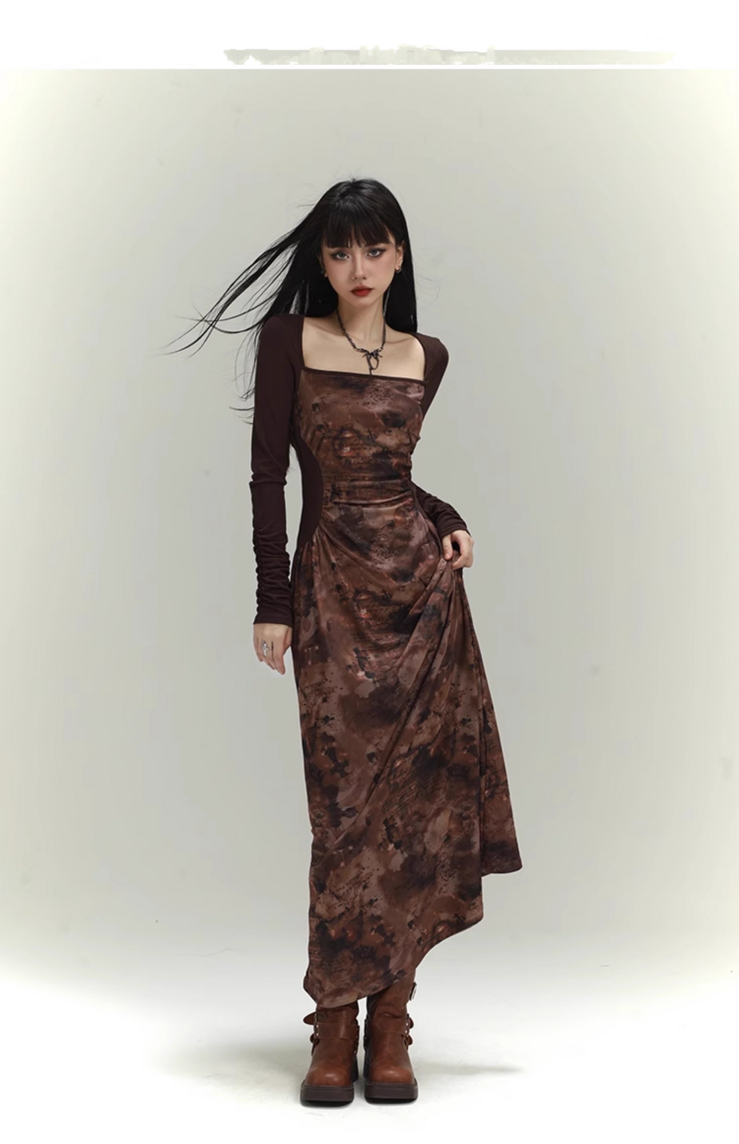 New Floral Pattern Design Women Long-sleeved Dress TP2936
