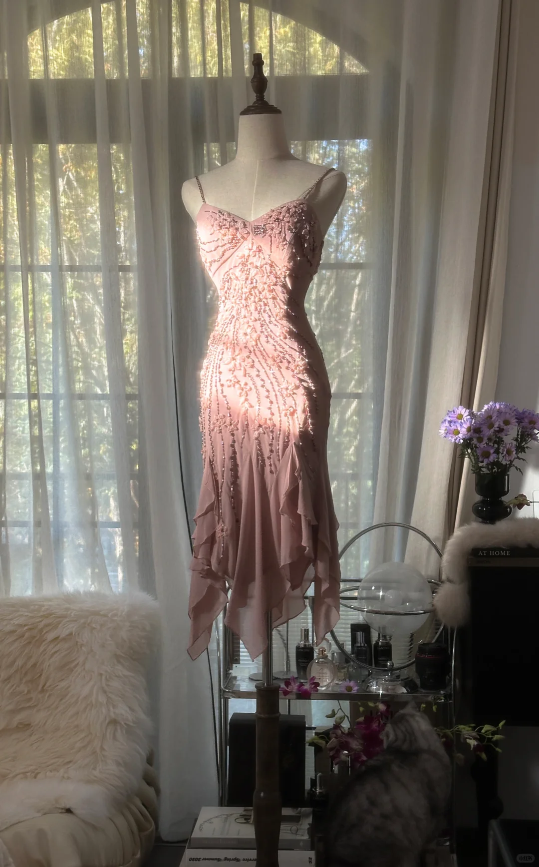 Retro Pink Sparkling Beaded Spaghetti Strap Romantic Chiffon Evening Dress Prom Dresses TP3985