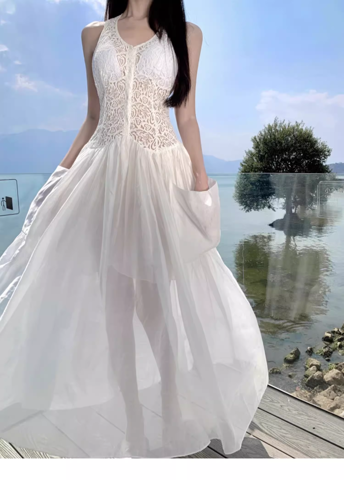 Simple Fashion White Sleeveless See-through Design Elegant A-line Vest Dress TP3531