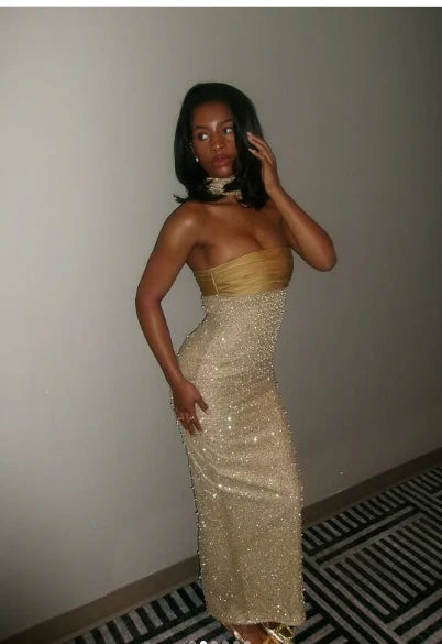 Enchanting Shiny Sequin Strapless Sheath Long Prom Dress Evening Dress TP4320