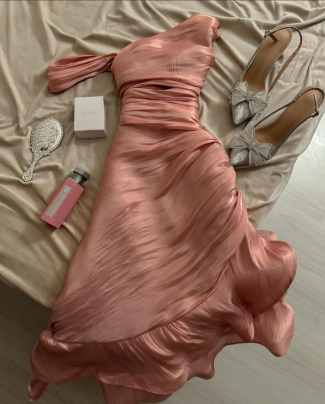 Pink Asymmetric Ruched Mermaid Evening Dress – Satin Ruffled Formal Gown TP5072