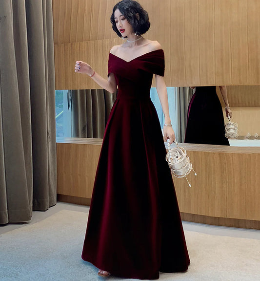 Vintage Burgundy Off-the-shoulder Velvet Design A-Line Evening Dress Prom Dress TP4129