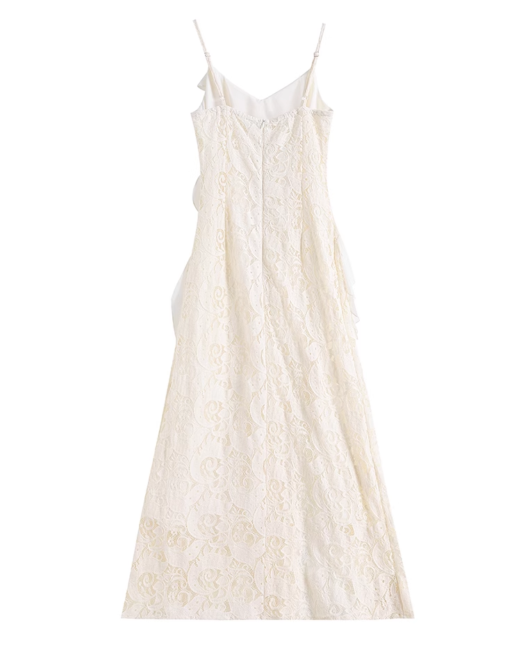 Vintage Fashion Beige Irregular Ruffled Hem Design Elegant A-line Spaghetti Strap Dress TP3354