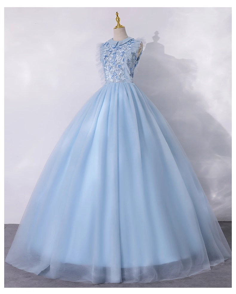 Vintage Sky Blue Applique Beaded A-Line Evening Gown Tulle Collar Party Dress Sleeveless Long Formal Dress TP4952