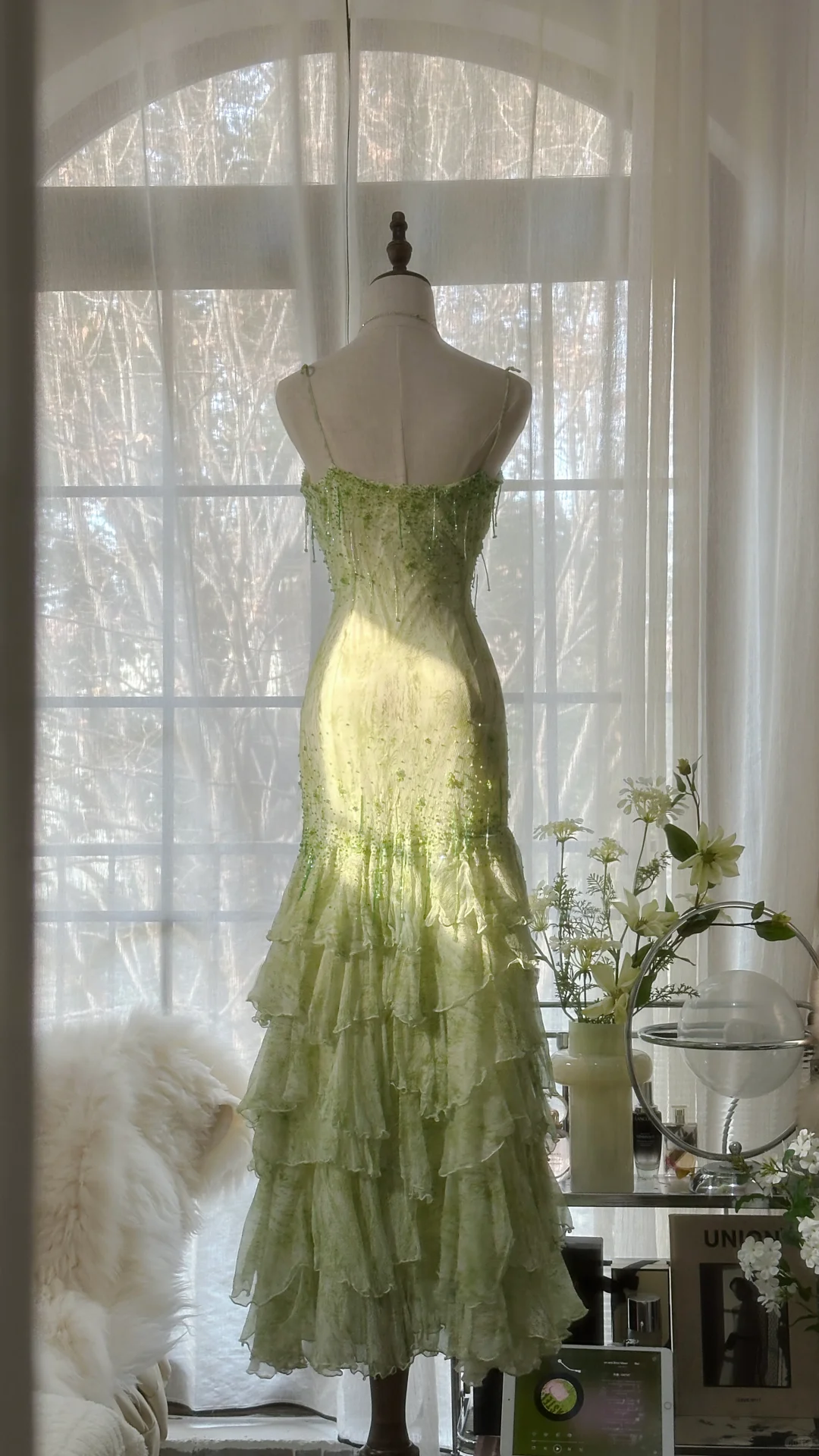 Elegant Green Fairy Mermaid Long Chiffon Spaghetti Strap Ball Gown Evening Dress Prom Dresses TP3967