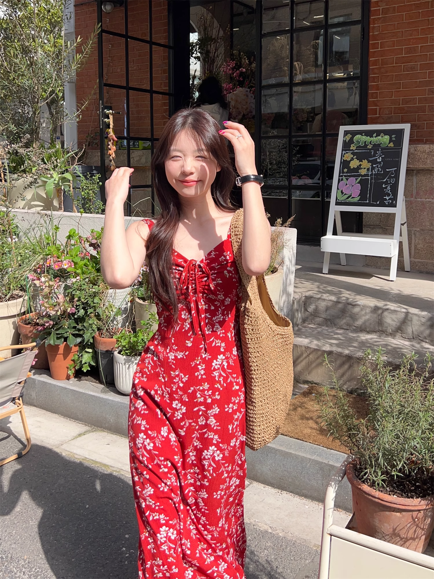New Fashion Red Floral Design A-line Beach Holiday Spaghetti Strap Dress TP3383