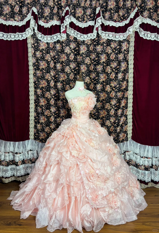 Gorgeous Pink 3D Flowers Sweet 16 Quinceanera Strapless A-Line Floor-length Prom Dress Evening Dress Ball Gown TP4391