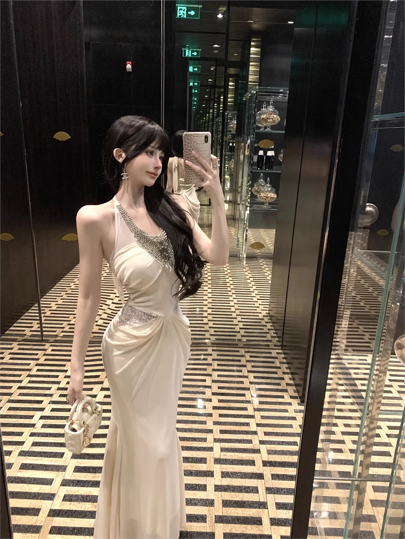 Elegant Beading Design Beige A-Line Long Banquet Halter Dress TP3155