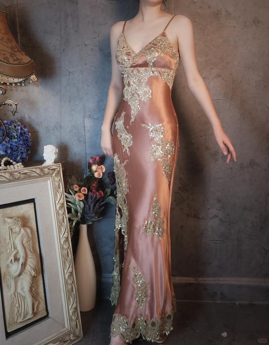 Vintage Champagne Sparkling Beaded Spaghetti Strap Design Elegant Satin Evening Dress Prom Dress TP4029