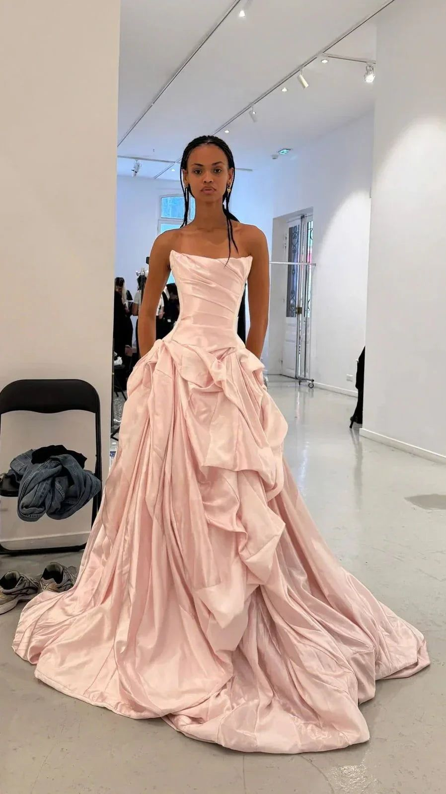 Vintage Pink Strapless Ball Gown Ruched Satin A-Line Prom Dress TP5574