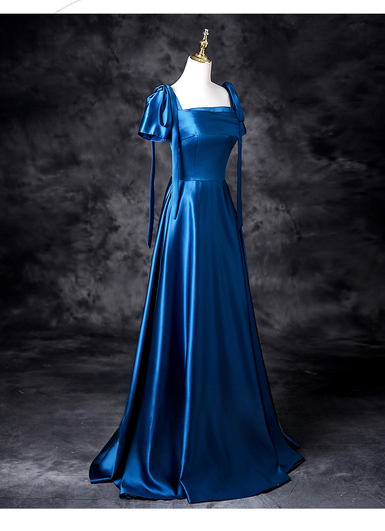 Vintage Royal Blue Satin Prom Dress A-Line Evening Gown Short-sleeved Party Dress Long Formal Dress TP5199