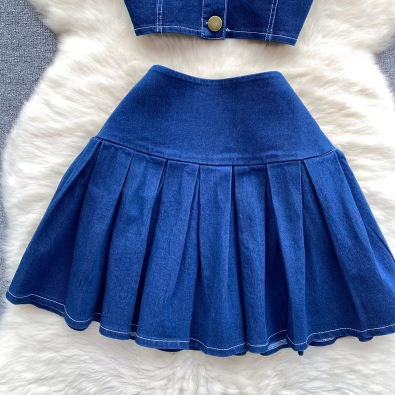 Retro Fashion Design sense Short Strap Vest and Denim Skirt Two-piece Set TP2829