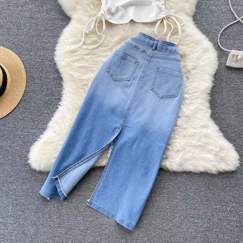 New Fashion Irregular Strap Waistcoat With Raw Edge Denim Skirt Two-piece Set TP2835