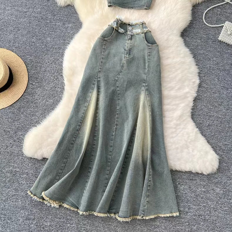 Fashion Sexy Sleeveless Tank Top High Waisted Fishtail Denim Skirt Two-piece Set TP2837