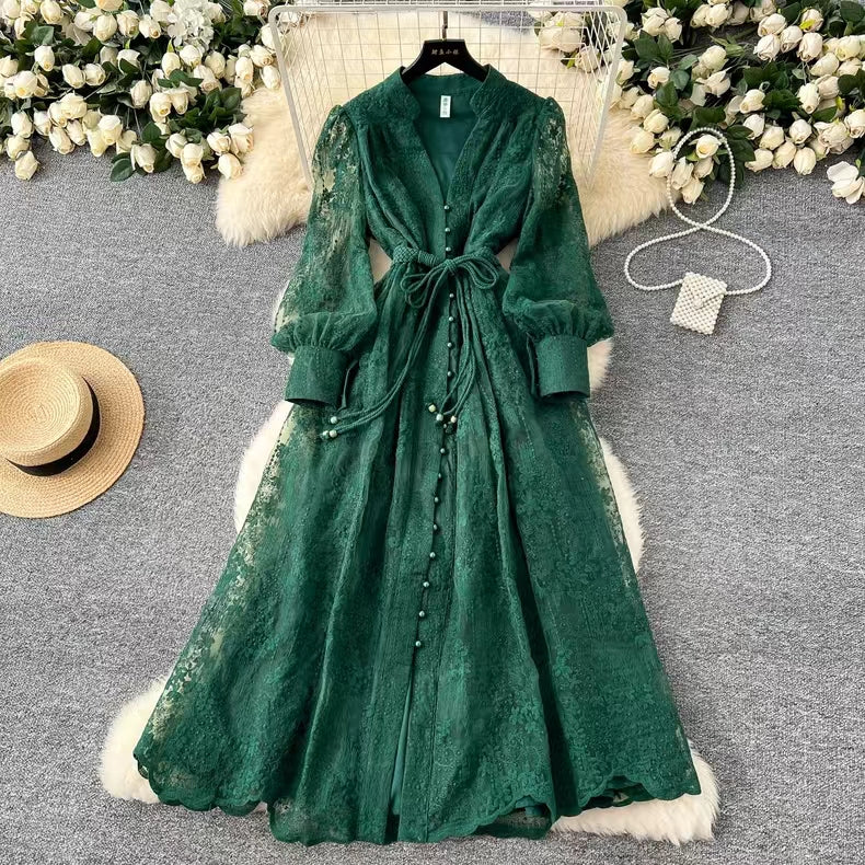 Vintage French V-neck Lantern Sleeve Single-breasted Waist Draw-in Embroidered Dress TP2839