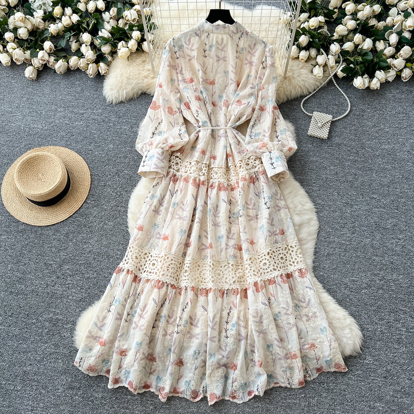 High-grade Lace Patchwork High-waisted Printed Embroidery Dress TP2842