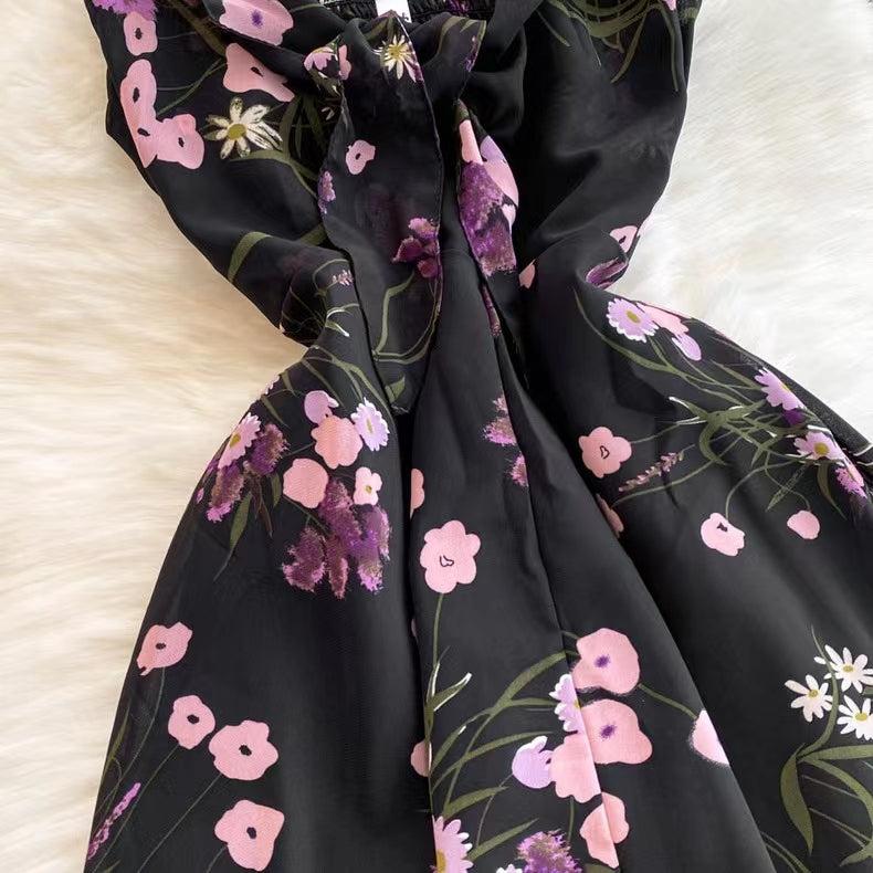 New Women Simple Fashion Spaghetti Strap High Waist Floral Dress TP2852