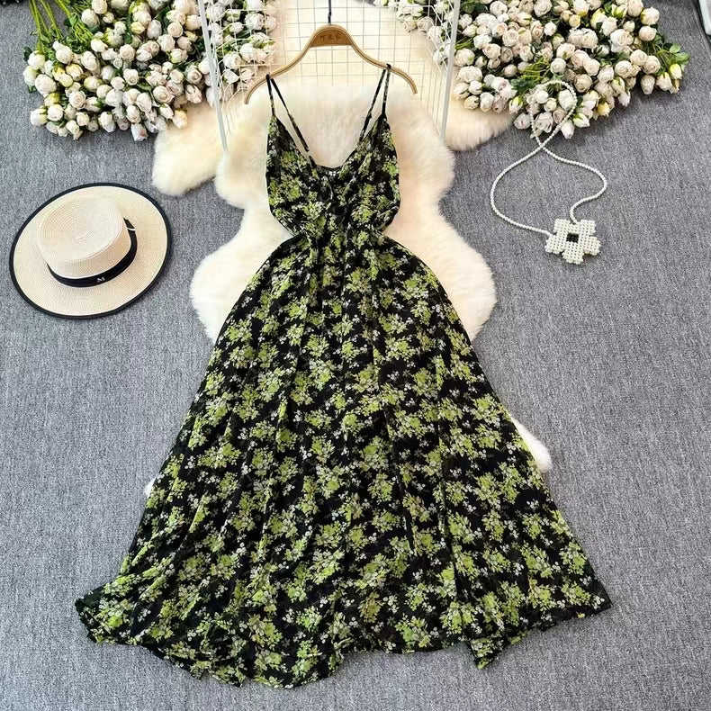 Boho Style V-neck Spaghetti Strap High-waisted Colorful Floral Dress TP2854