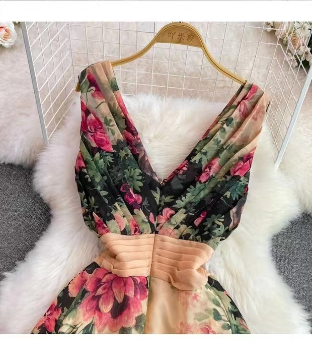 New Stylish Elegant V-neck High-waisted Floral Dress TP2855