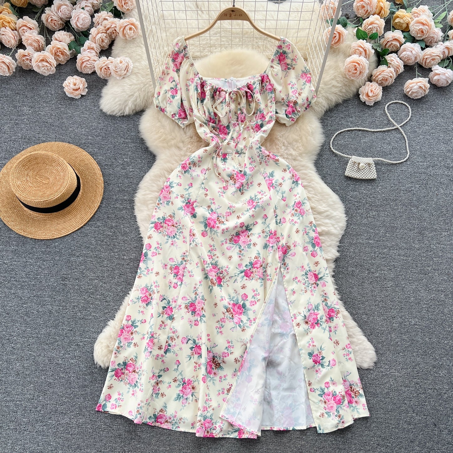 Vintage Simple Square Collar Puffed Sleeves Floral Dress TP2856