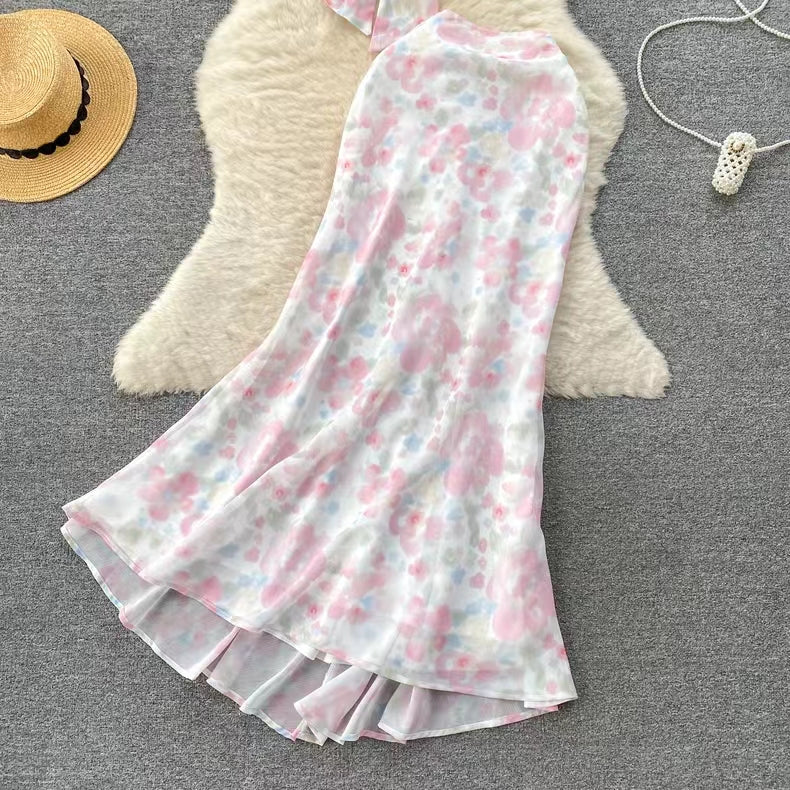 Seaside Holiday Sexy Halter top Mermaid Floral Skirt Two-piece Set TP2857