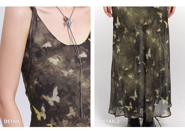 Vintage Butterfly Green Mesh Spaghetti Strap Dress TP2911