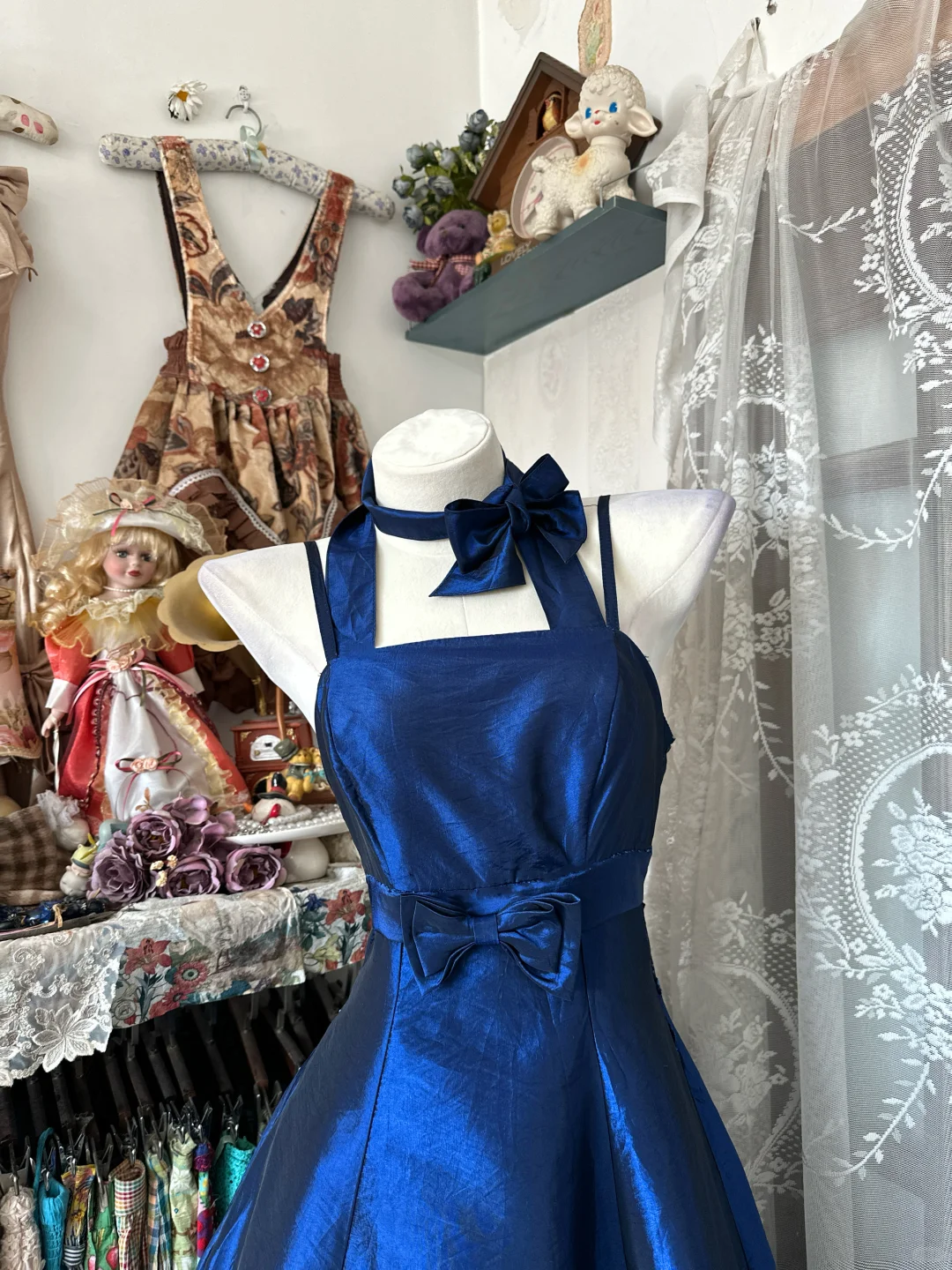 Vintage Royal Blue Satin Evening Gown A-Line Spaghetti Strap Party Dress Long Formal Dress TP4899