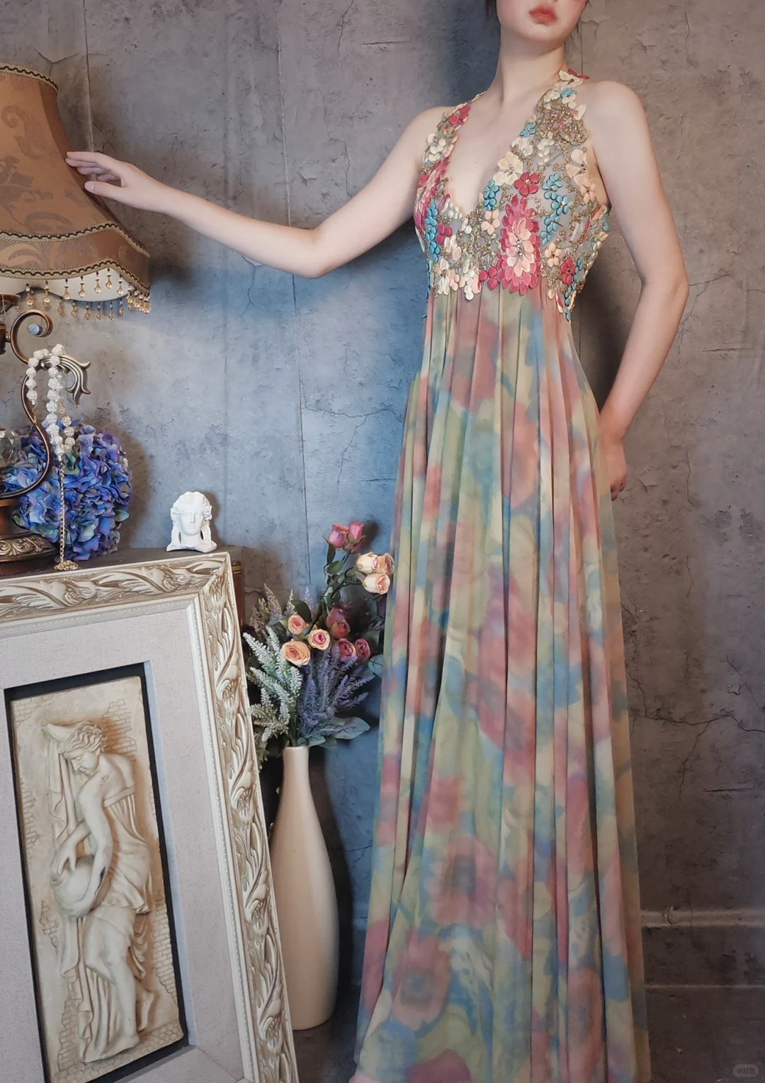 Vintage Floral Backless Design Elegant Chiffon Evening Dress Prom Dress TP4030