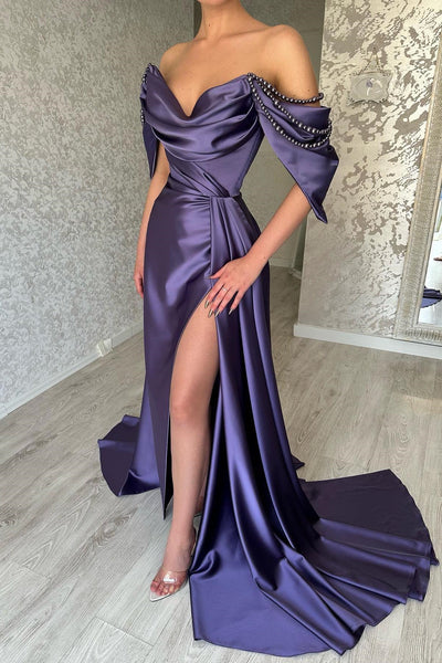 GLAMOROUS LONG PURPLE OFF-THE-SHOULDER SLEEVELESS EVENING PARTY GOWNS LONG SLIT TP63