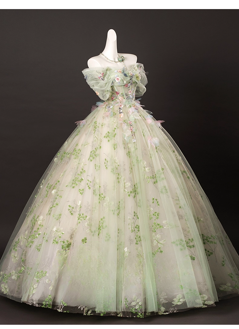 Elegant Light Green Tulle Floral Sweet 16 Quinceanera A-Line Off-the-shoulder Evening Dress Long Ball Gown TP4937