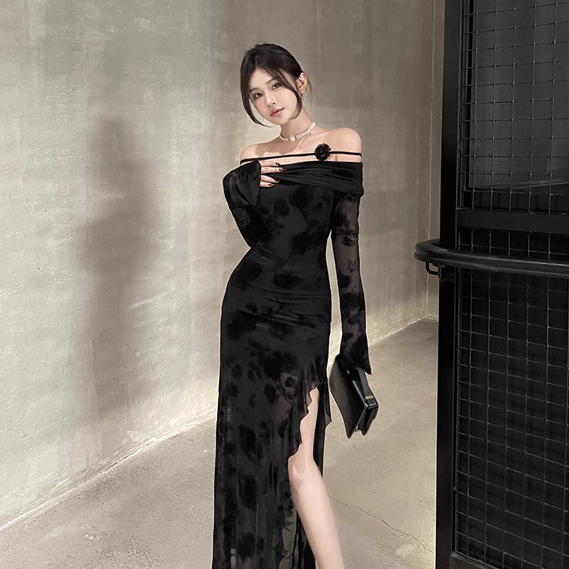 Elegant Black Party Slim-fit Split Dress One-shoulder Long-sleeved Dress TP2900