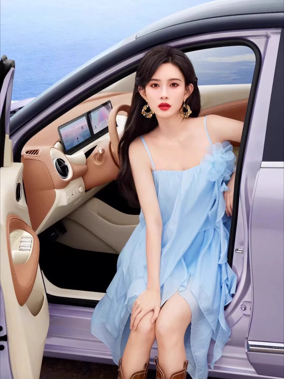 New Fashion Light Blue 3D Flower Spaghetti Strap Irregular Hem Design Summer Party Dress TP3944