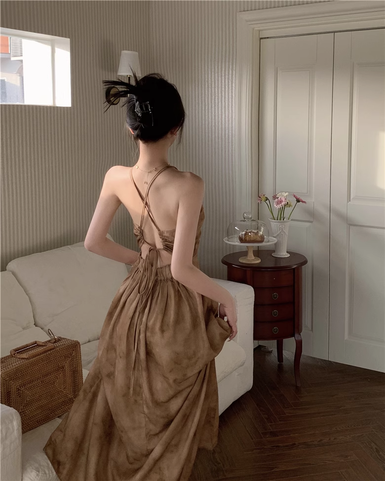 Vintage Fashion Chiffon Floral Printed Design A-line Beach Holiday Halter Dress TP3419