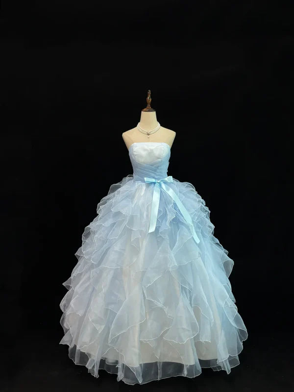 Vintage Light Blue Strapless Tulle Sweet 16 Quinceanera A-Line Evening Dress Ball Gown TP4270