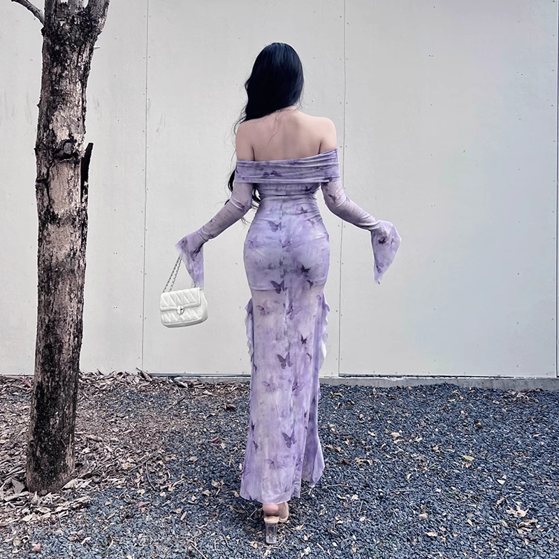 Women Elegant Mesh Butterfly Print Lavender Slim Long-sleeved Dress TP2899