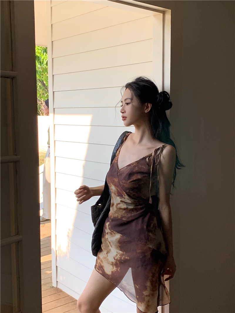 New Fashion Brown Irregular Hem Design A-line V-neck Spaghetti Strap Dress TP3421