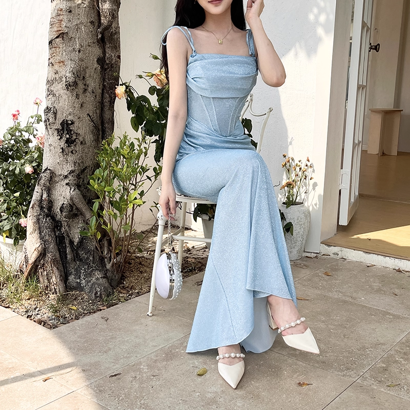 Vintage Shiny Light Blue Spaghetti Strap Mermaid Long Summer Dresses Prom Dress Evening Dress TP4359