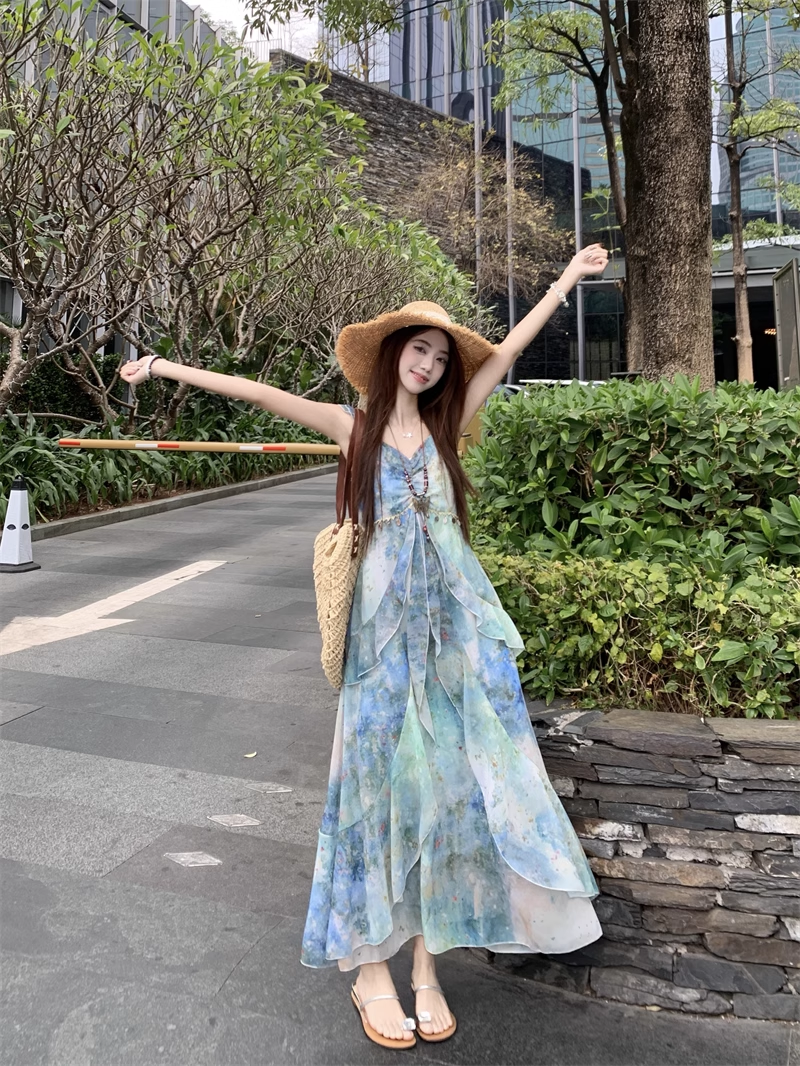 New Fashion Irregular Ruffled Dress Hem Design Beach Holiday A-line Sleeveless Floral Dress TP3320