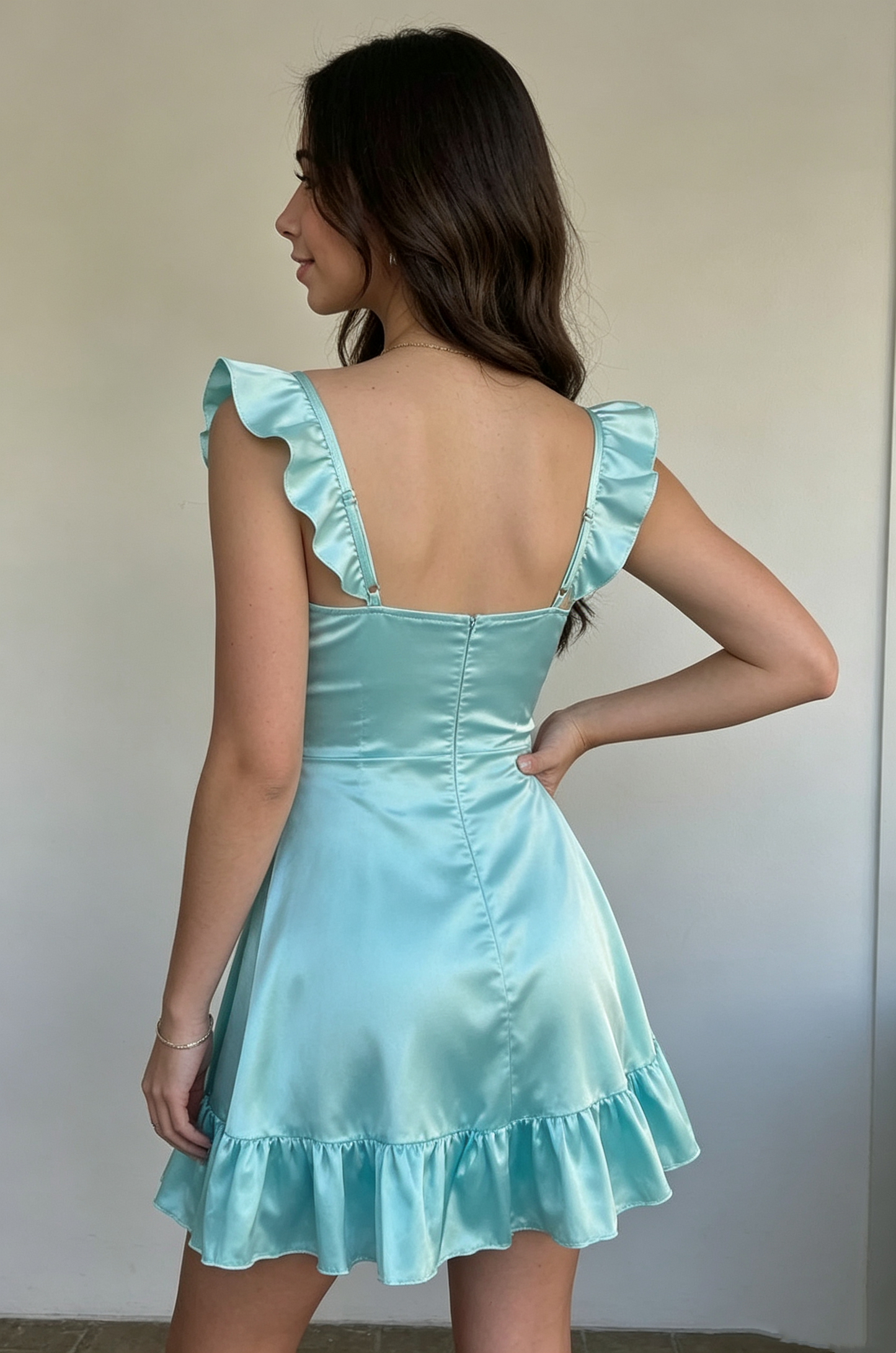 Cute Tiffany Blue Shiny Satin Ruffle Strap A-Line Homecoming Dress TP6013