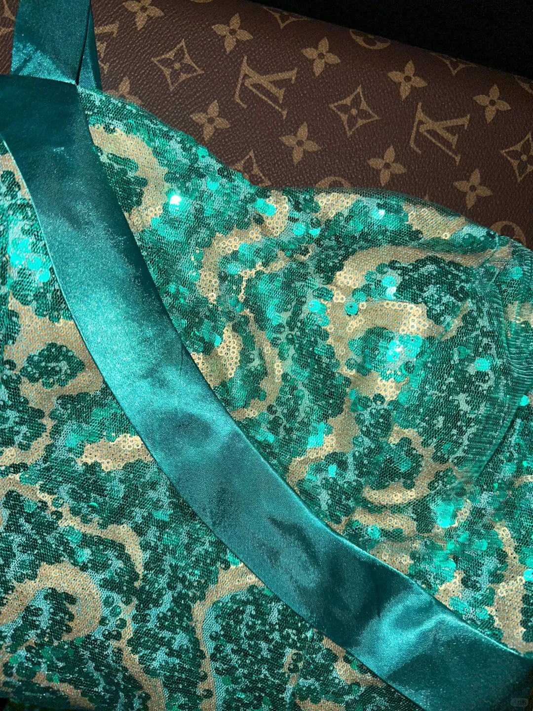 Glamorous Teal & Champagne Sequin Mermaid Sweetheart One-Shoulder Evening Gown TP5382