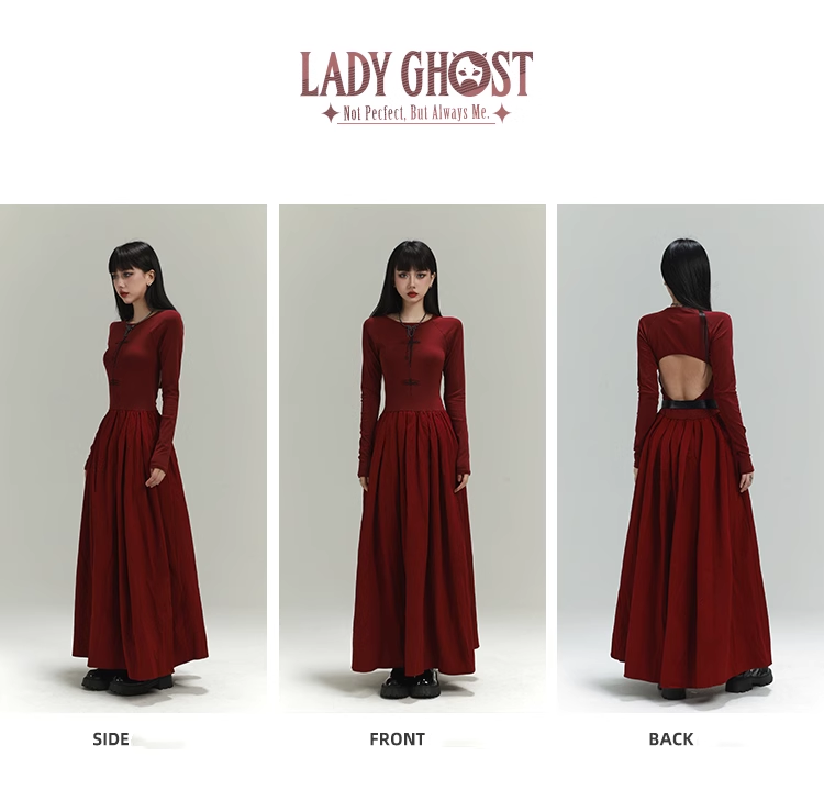 Vintage Elegant Simple Backless Red Long-sleeved Dress TP2917