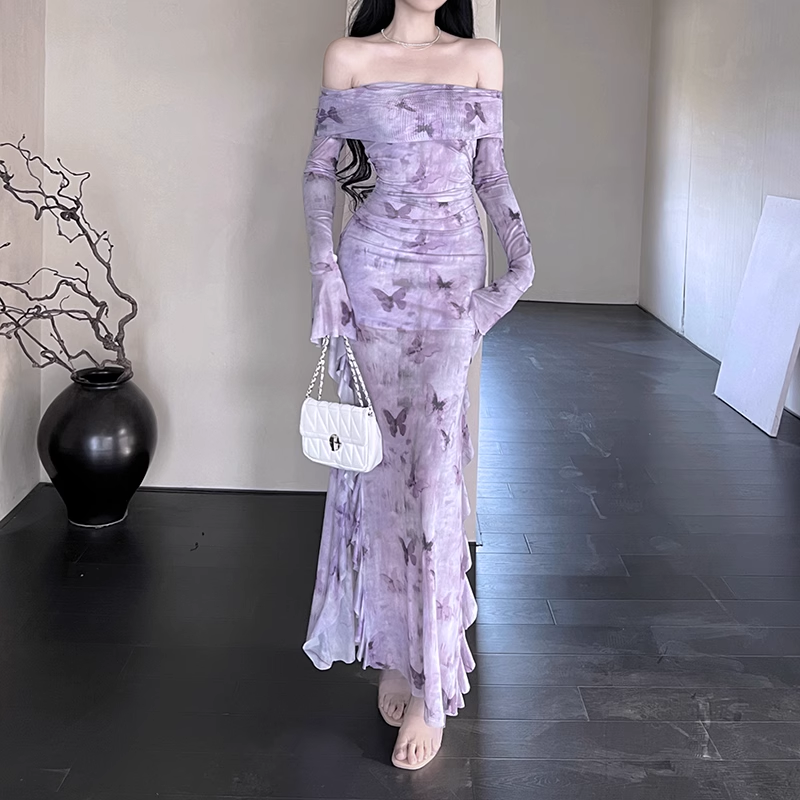 Women Elegant Mesh Butterfly Print Lavender Slim Long-sleeved Dress TP2899