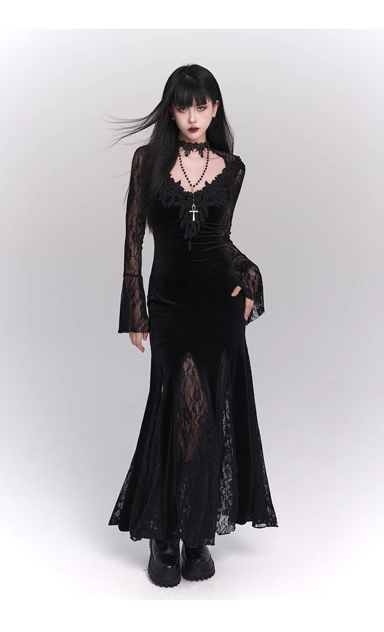 New Ladies Fashion Red Black Gothic Long-sleeved Dress TP2906