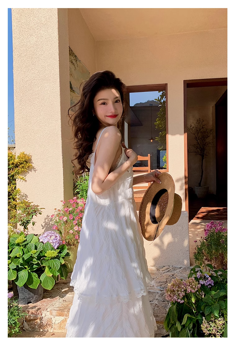 New Fashion White Tiered Dress Design A-line Beach Holiday Spaghetti Strap Dress TP3351